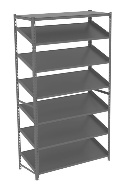 mzatgl88lavci9mxxixe.jpg Gray metal shelving unit with six adjustable shelves, designed for storage and organization. The unit has a simple, industrial design suitable for garages, warehouses, or other utility spaces.