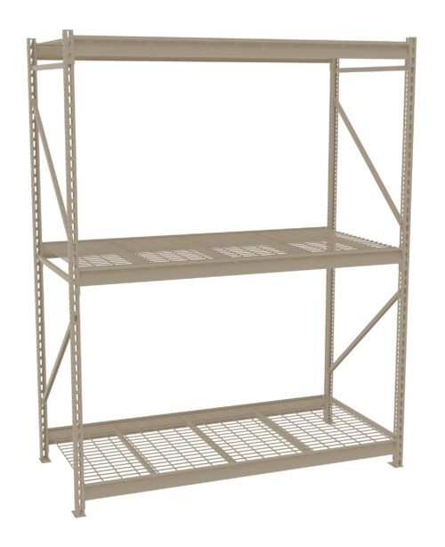 A metal shelving unit with three levels, featuring mesh wire shelves. The unit is beige and has vertical supports with multiple adjustment holes. The design is open and industrial, suitable for storage in a garage or warehouse environment.