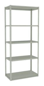 A metal shelving unit with five empty shelves. The structure is simple, with a light gray finish, featuring vertical supports and adjustable shelves for storage. The unit is set against a plain white background.