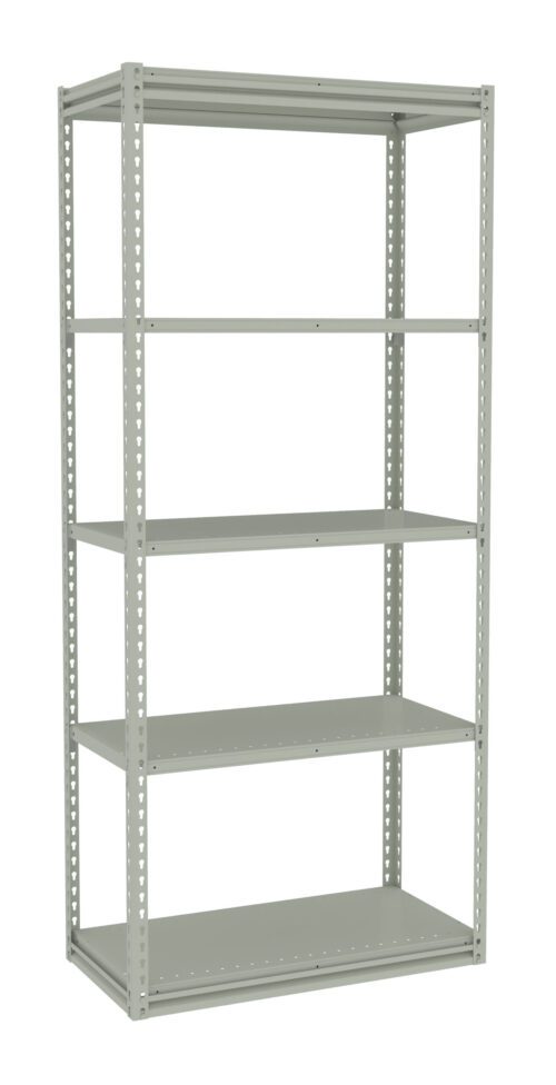 mzn8txf8pap57daygrnh.jpg A metal shelving unit with five empty shelves. The structure is simple, with a light gray finish, featuring vertical supports and adjustable shelves for storage. The unit is set against a plain white background.