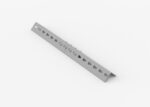 A long, angled metal bracket with multiple evenly spaced holes along its surface, resting on a white background.