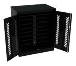 Black metal cabinet with open double doors, revealing multiple horizontal shelves inside. The doors have a diamond-patterned ventilation design.