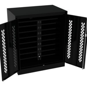 Black metal cabinet with open double doors, revealing multiple horizontal shelves inside. The doors have a diamond-patterned ventilation design.