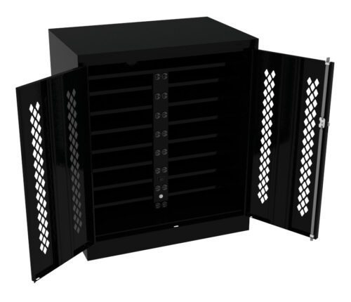 n04tbxvescn6eqrxsvjs.jpg Black metal cabinet with open double doors, revealing multiple horizontal shelves inside. The doors have a diamond-patterned ventilation design.