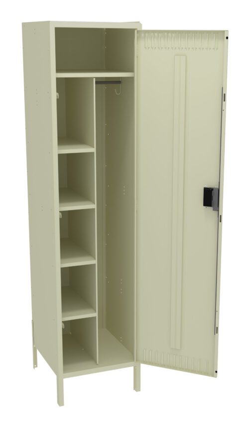 n0aidabdlztpxovg9b2e.jpg Beige metal locker with five shelves on the left side and an empty compartment with a hanging bar on the right. The locker door is open, revealing a rectangular handle.