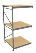 A metal shelving unit with three beige wooden shelves. The frame is gray and has vertical supports with small holes for adjustable shelving. The shelves are evenly spaced. The unit is positioned on a plain white background.