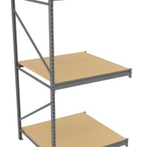 A metal shelving unit with three beige wooden shelves. The frame is gray and has vertical supports with small holes for adjustable shelving. The shelves are evenly spaced. The unit is positioned on a plain white background.