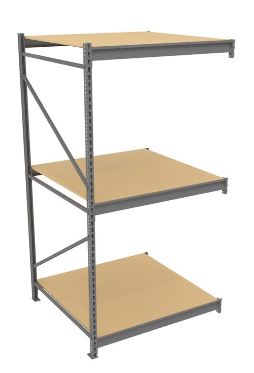 A metal shelving unit with three beige wooden shelves. The frame is gray and has vertical supports with small holes for adjustable shelving. The shelves are evenly spaced. The unit is positioned on a plain white background.