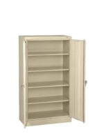A beige metal storage cabinet with open double doors, revealing four adjustable shelves. The cabinet is empty and designed for organizing various items in an office or workshop setting.