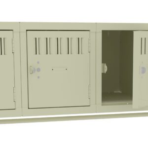 A long, light beige metal storage unit with four compartments. The third compartment is open, revealing interior space. The doors feature ventilation slots and simple locks. The unit is set against a plain white background.