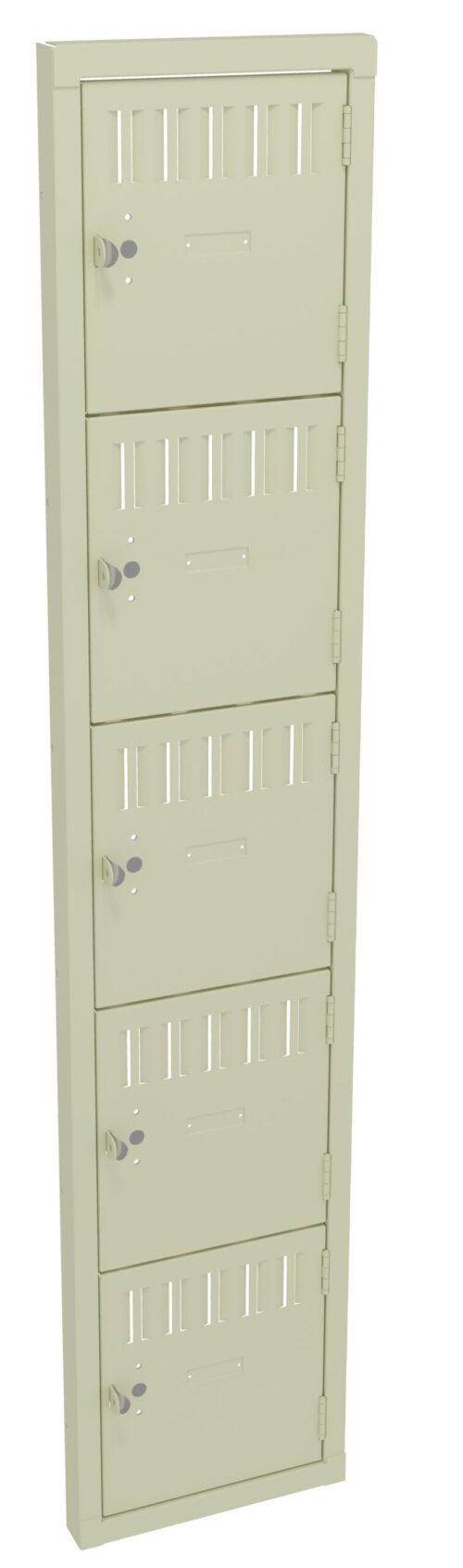 A beige, vertical metal locker unit with five compartments, each featuring a ventilation grille and a lock mechanism with a metal handle. The lockers are arranged in a single column.