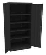 A black metal storage cabinet with two open doors and four adjustable shelves. The interior and exterior are solid black, providing ample storage space. The cabinet has a simple, industrial design suitable for office or garage use.