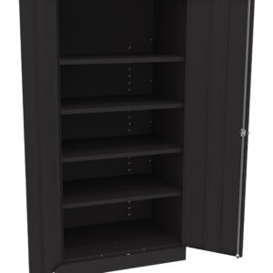 A black metal storage cabinet with two open doors and four adjustable shelves. The interior and exterior are solid black, providing ample storage space. The cabinet has a simple, industrial design suitable for office or garage use.
