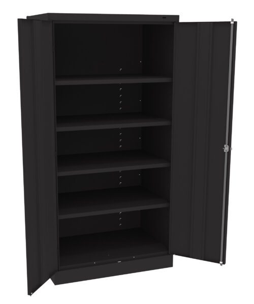 n3twvyiao6f0verhr5jk.jpg A black metal storage cabinet with two open doors and four adjustable shelves. The interior and exterior are solid black, providing ample storage space. The cabinet has a simple, industrial design suitable for office or garage use.