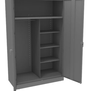 A large, open, metal storage cabinet with two doors. The interior features a hanging rod on the left, four adjustable shelves in the middle, and additional storage space on the right. The cabinet is gray.