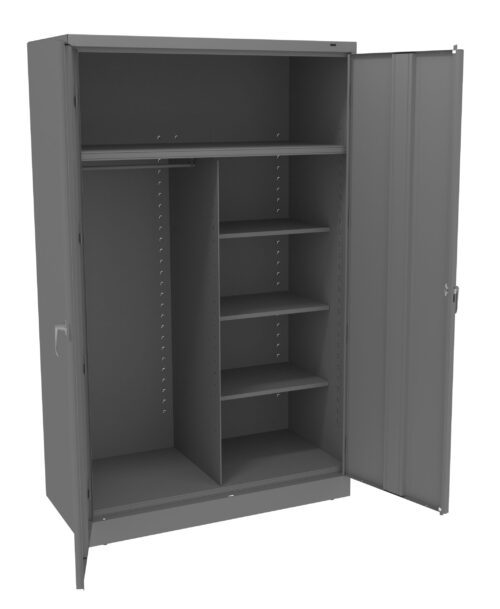 n3vl1jsjhagrpcmexzg5.jpg A large, open, metal storage cabinet with two doors. The interior features a hanging rod on the left, four adjustable shelves in the middle, and additional storage space on the right. The cabinet is gray.