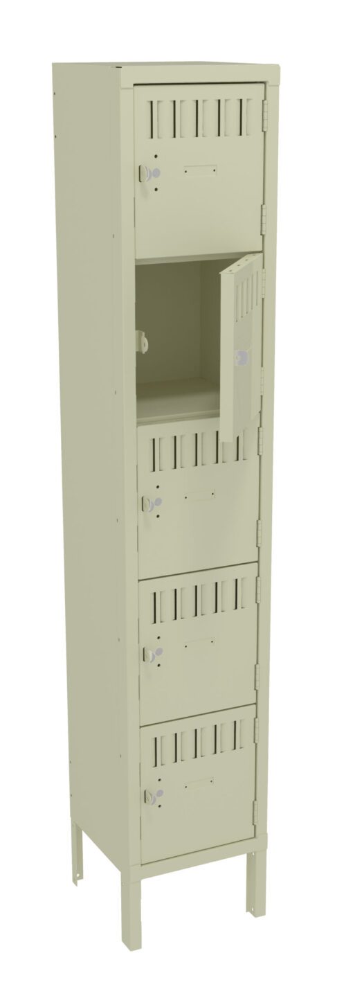 n49nadybh1b389gmwp4b.jpg A tall metal locker with five compartments. The locker is a light beige color, and the second compartment door is open, while the others are closed. Each compartment has a small vent and a lock. The locker stands on four legs.