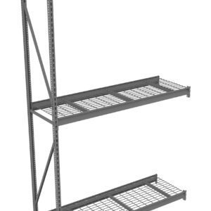 Industrial metal shelving unit with three wire mesh shelves and vertical support beams. The design features adjustable shelving and is intended for heavy-duty storage in warehouses or workshops. The unit is shown against a white background.