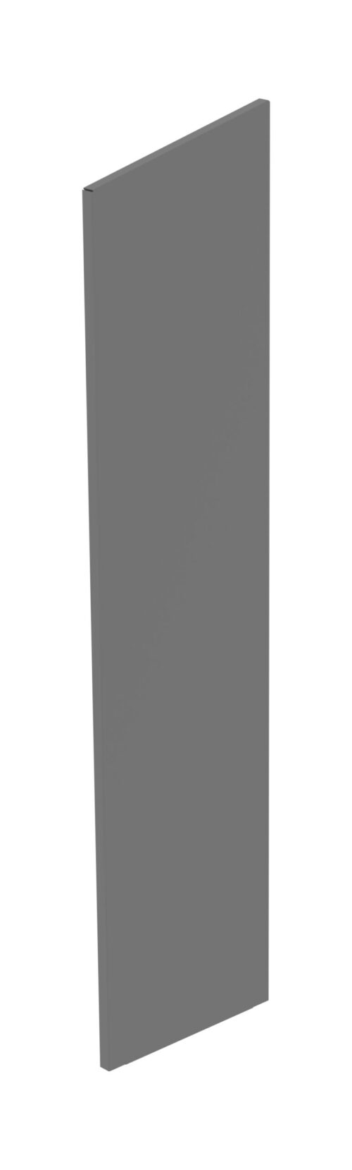 A tall, thin, rectangular gray panel is positioned vertically against a plain white background. The panel has a smooth surface and appears to be made of a solid material. Its edges are sharply defined.