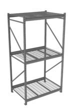 A large, empty, three-tier industrial metal shelving unit with a gray finish. The shelves are made of a grid-like metal mesh supported by sturdy upright metal beams. The unit is isolated on a white background.