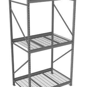 A large, empty, three-tier industrial metal shelving unit with a gray finish. The shelves are made of a grid-like metal mesh supported by sturdy upright metal beams. The unit is isolated on a white background.