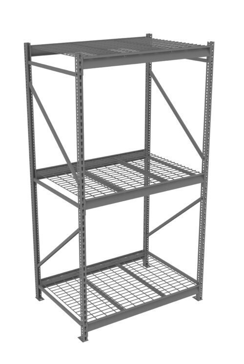 A large, empty, three-tier industrial metal shelving unit with a gray finish. The shelves are made of a grid-like metal mesh supported by sturdy upright metal beams. The unit is isolated on a white background.