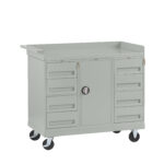 A gray mobile tool cart with four wheels, featuring a large central cabinet with a round lock, flanked by three drawers on each side. The cart has a handle on the top corner and a raised edge on three sides of the top surface.