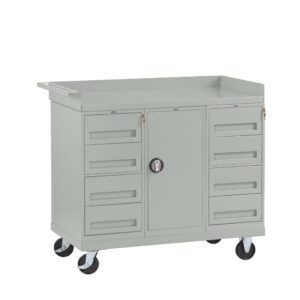 A gray mobile tool cart with four wheels, featuring a large central cabinet with a round lock, flanked by three drawers on each side. The cart has a handle on the top corner and a raised edge on three sides of the top surface.