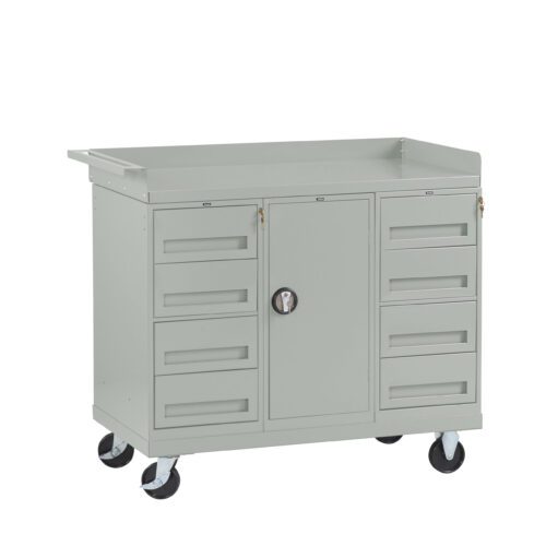 n6cmvjzqhqi6ubzpf26n.jpg A gray mobile tool cart with four wheels, featuring a large central cabinet with a round lock, flanked by three drawers on each side. The cart has a handle on the top corner and a raised edge on three sides of the top surface.