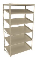 Tall beige metal shelving unit with five empty shelves. Each shelf is evenly spaced, supported by a sturdy frame with perforated sides for adjustable height options. The shelves are flat and spacious, suitable for storage or organizing items.
