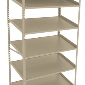 Tall beige metal shelving unit with five empty shelves. Each shelf is evenly spaced, supported by a sturdy frame with perforated sides for adjustable height options. The shelves are flat and spacious, suitable for storage or organizing items.