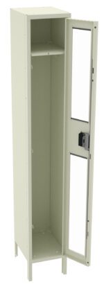 A tall, beige metal locker with one open door showcasing an interior shelf. The door features two vertical clear panels and a lock mechanism. The locker stands on four legs.