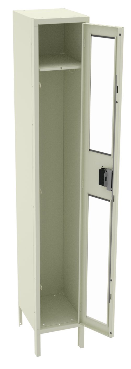 A tall, beige metal locker with one open door showcasing an interior shelf. The door features two vertical clear panels and a lock mechanism. The locker stands on four legs.