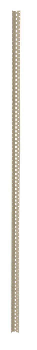 A tall, vertical metal strip with evenly spaced rectangular perforations along the length, resembling a slotted angle or hardware component, set against a white background.