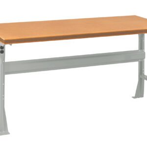 A rectangular table with a wooden top and gray metal legs, positioned against a white background. The table features a sturdy, industrial design.