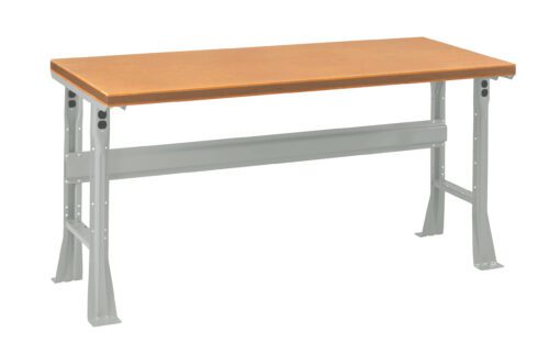 A rectangular table with a wooden top and gray metal legs, positioned against a white background. The table features a sturdy, industrial design.