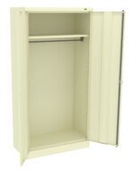 Open metal storage cabinet with a beige finish, featuring two doors, an empty interior, and a single horizontal rod near the top for hanging items.