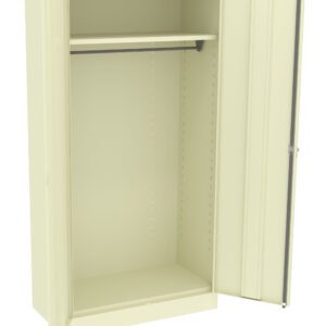 Open metal storage cabinet with a beige finish, featuring two doors, an empty interior, and a single horizontal rod near the top for hanging items.