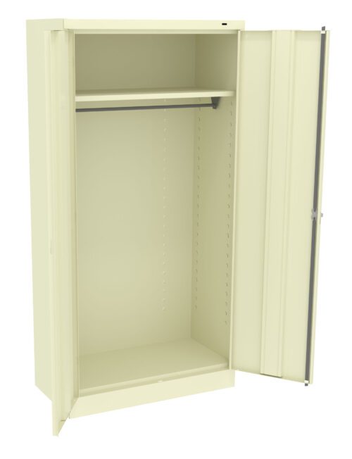 Open metal storage cabinet with a beige finish, featuring two doors, an empty interior, and a single horizontal rod near the top for hanging items.