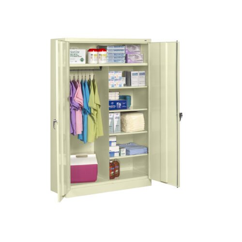 n7lf8ps1s0s0rmng0i3t.jpg A tall medical supply cabinet with doors open, revealing shelves filled with various medical items such as gloves, first aid kits, and cleaning products. Scrubs hang on hooks, and cleaning supplies are stored at the bottom.