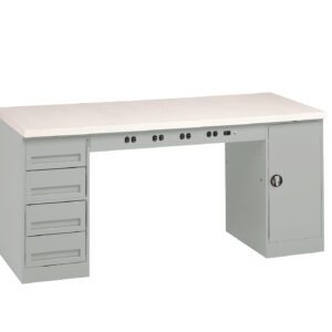 A minimalist gray workbench with a flat beige surface, featuring four drawers on the left, an open space with electrical sockets in the middle, and a closed cabinet with a lock on the right.