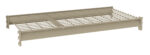 A beige, metal shelf with a grid pattern and raised edge on three sides, designed for installation. The perspective shows its side and top views, highlighting the open grid structure.