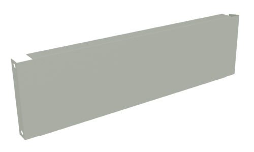 Gray metal rack mount blanking panel with a rectangular shape, two small holes on each side, and a simple, flat design.