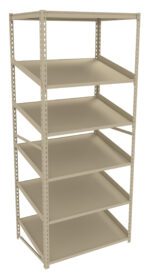 A beige metal shelving unit with six empty shelves, designed for storage and organization. The shelves are evenly spaced, and the frame is constructed from sturdy metal with perforated supports for adjustable shelf placement.