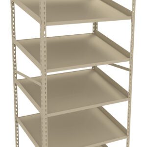 A beige metal shelving unit with six empty shelves, designed for storage and organization. The shelves are evenly spaced, and the frame is constructed from sturdy metal with perforated supports for adjustable shelf placement.