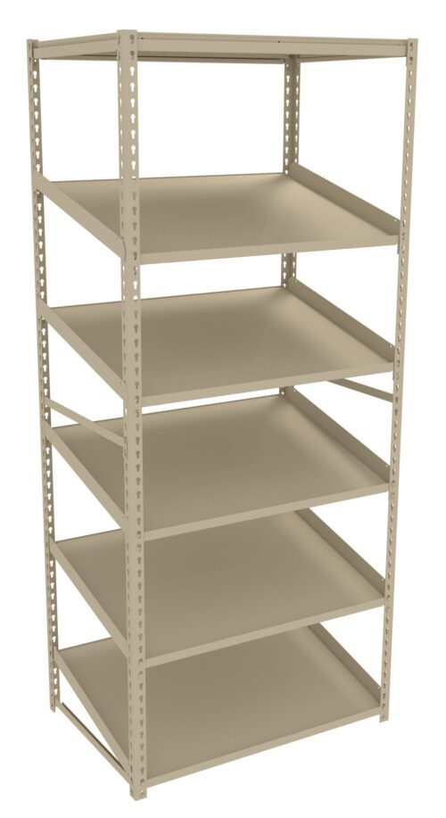 A beige metal shelving unit with six empty shelves, designed for storage and organization. The shelves are evenly spaced, and the frame is constructed from sturdy metal with perforated supports for adjustable shelf placement.