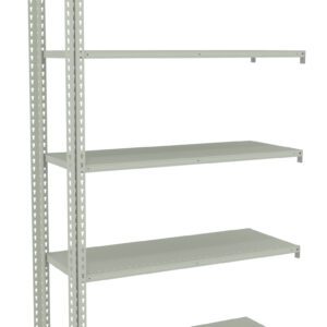 A metal shelving unit with five adjustable gray shelves is shown. The frame is open on the sides, allowing for easy access and adjustable shelf heights. The unit is ideal for storage or organization in various spaces.