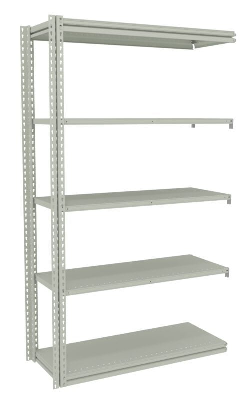 A metal shelving unit with five adjustable gray shelves is shown. The frame is open on the sides, allowing for easy access and adjustable shelf heights. The unit is ideal for storage or organization in various spaces.