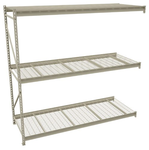 n8tjeh7ydfxwr7dr5knb.jpg A metal shelving unit with three wire mesh shelves, supported by vertical and horizontal bars. The structure is gray and appears sturdy, suitable for storage in a garage or warehouse setting. The background is plain white.