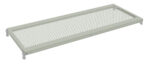 A rectangular metal rack shelf with a perforated surface and four mounting brackets, designed for ventilation. The shelf is light gray and shown from an angled perspective.